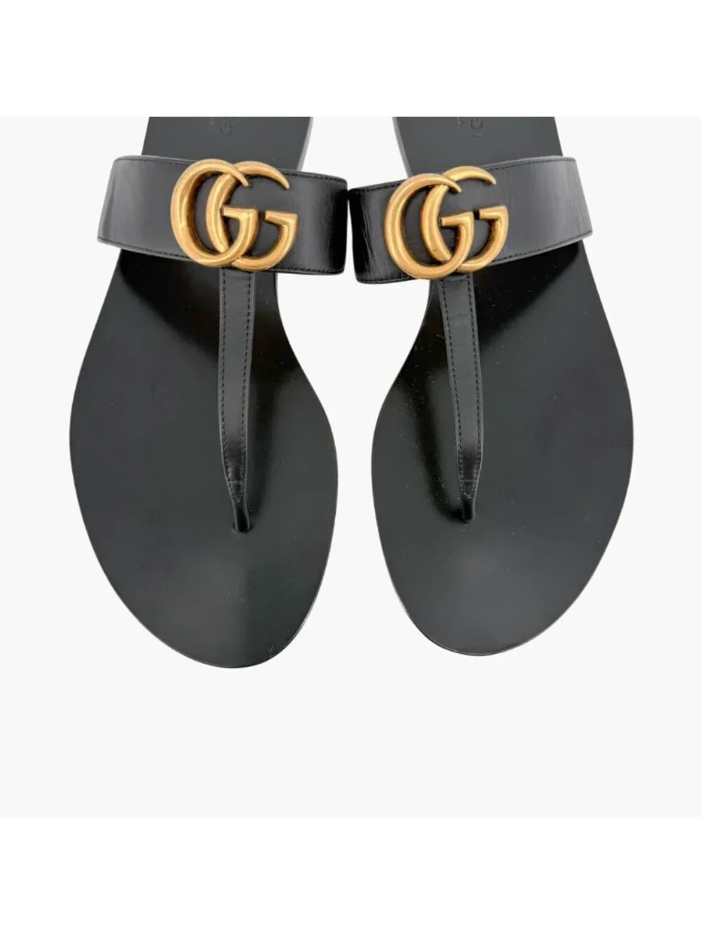 Gucci GG Marmont Thong Sandals Black Leather Size 40 US 10 Women's Flat Slides